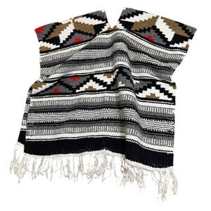 Southwestern Geometric Fringe Poncho Ruana Blanket Wrap One Size‎